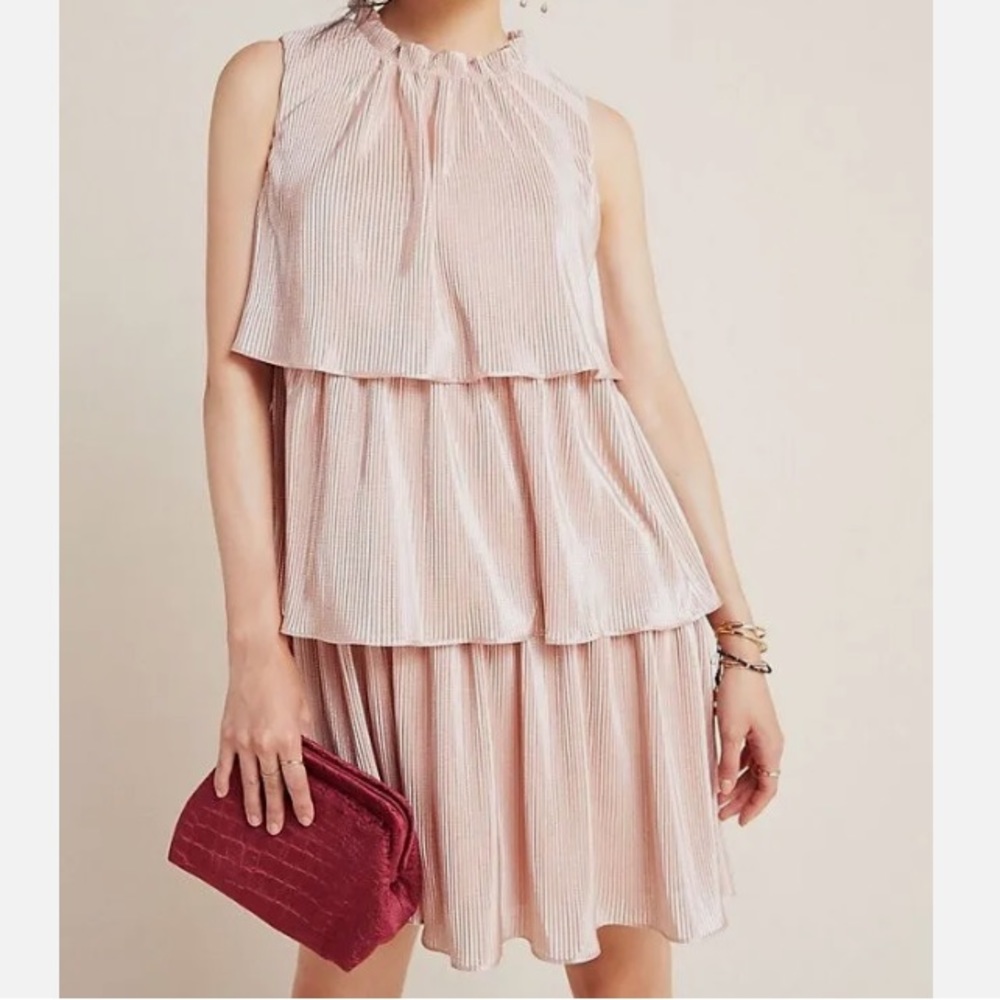 Anthropologie Ro & De Tiered Pink/Rose Shimmer Tunic Dress Size XS